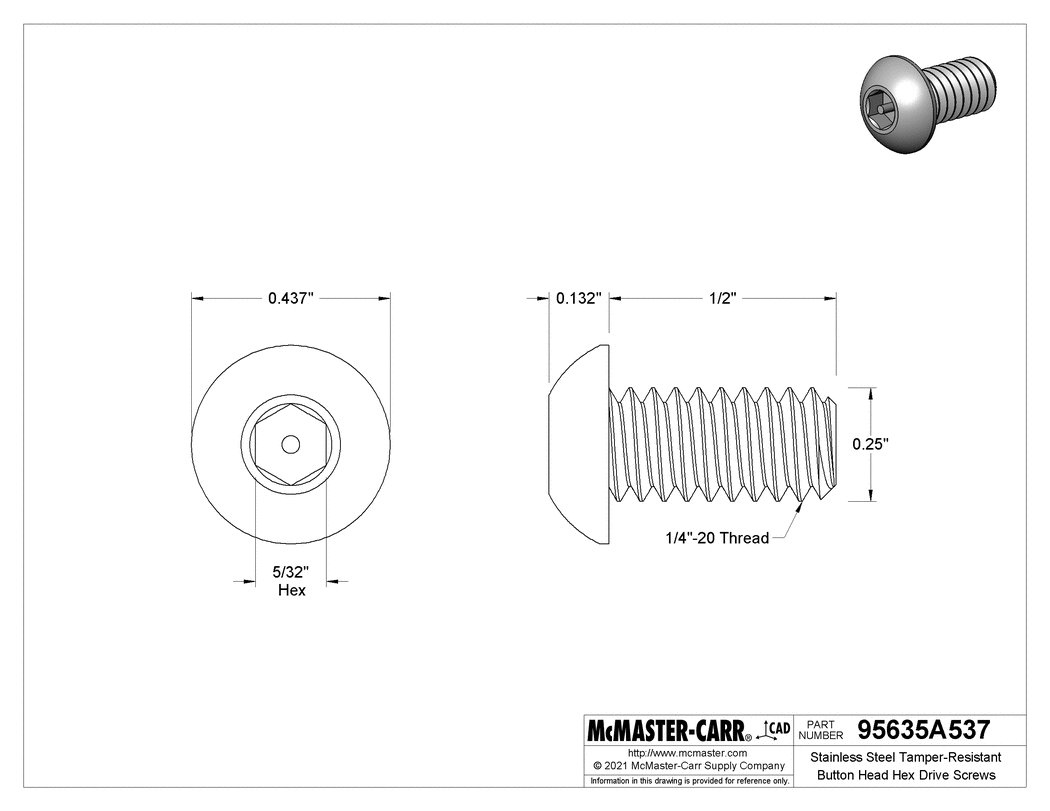 Technical Drawing of Stainless Steel Tamper-Resistant Button Head Hex Drive Screws, 1/4"-20 Thread Size, 1/2" Long.